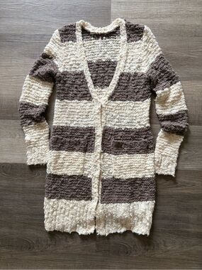 Free People Striped Boucle Knit Longline Cardigan Sweater XS Brown Cream